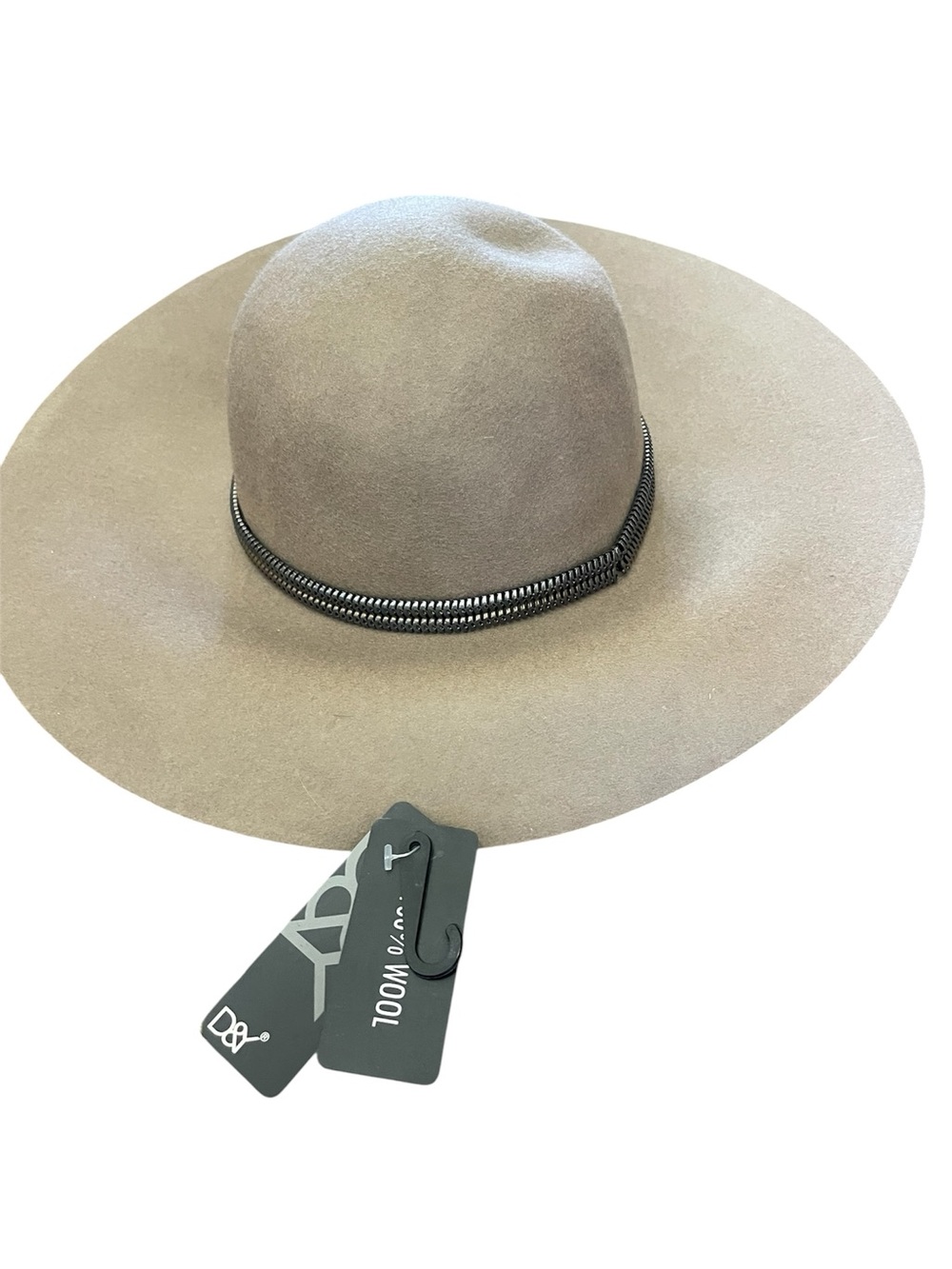 NWT D&Y Taupe Wide-Brim 100% Wool FedoraFloppy Hat w/ Rare Gunmetal Chain Band